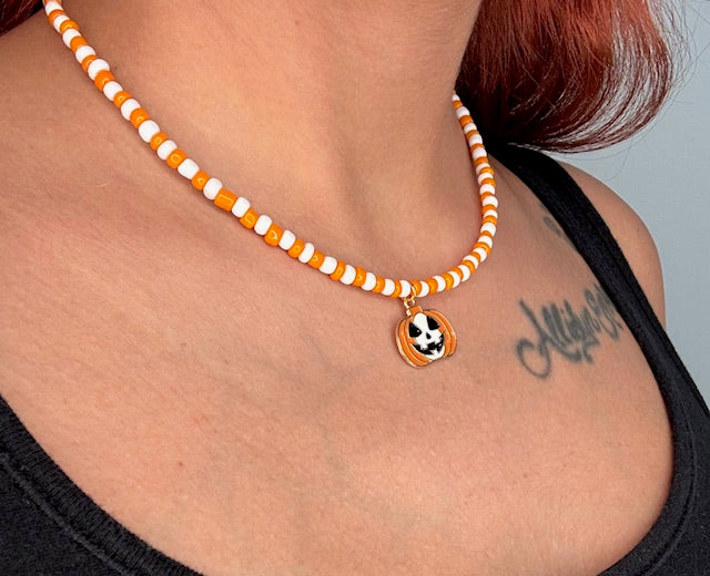 Orange and White Pumpkin Beaded Choker