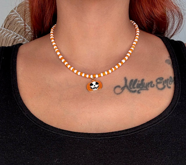 Orange and White Pumpkin Beaded Choker